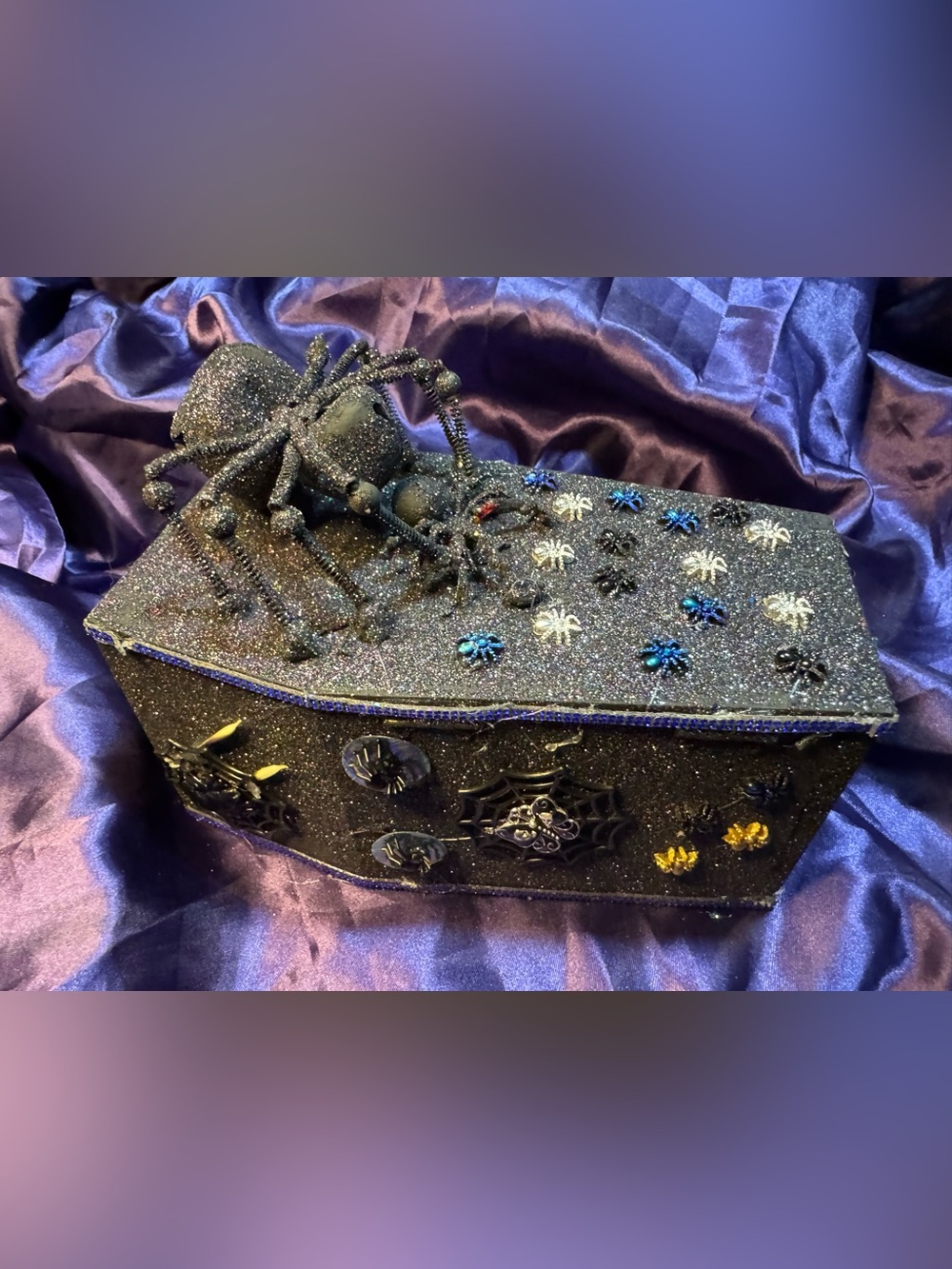 Glitter Spider Coffin trinket box — Black with Blue & Silver Accents